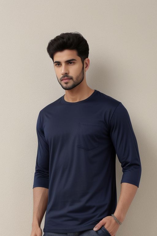 Navy Blue Plain Full Sleeve T-Shirt For Men